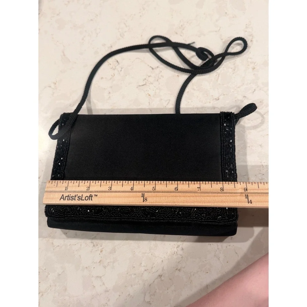 Vintage La Regale Black Satin Beaded Evening Clutch Crossbody‎ Bag Formal Glam